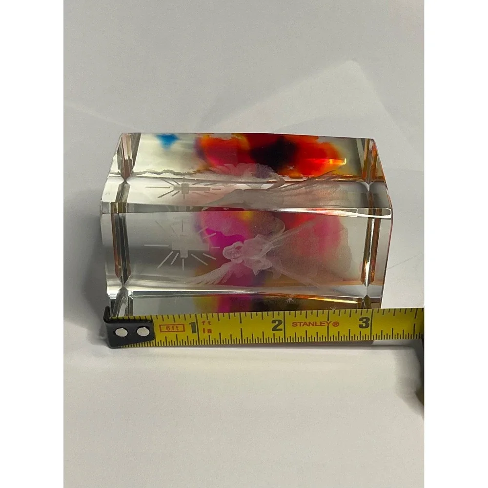 CRYSTAL GLASS ANGEL & CROSS SQUARE PAPERWEIGHT 3D LASER ETCHED RAINBOW COLORS